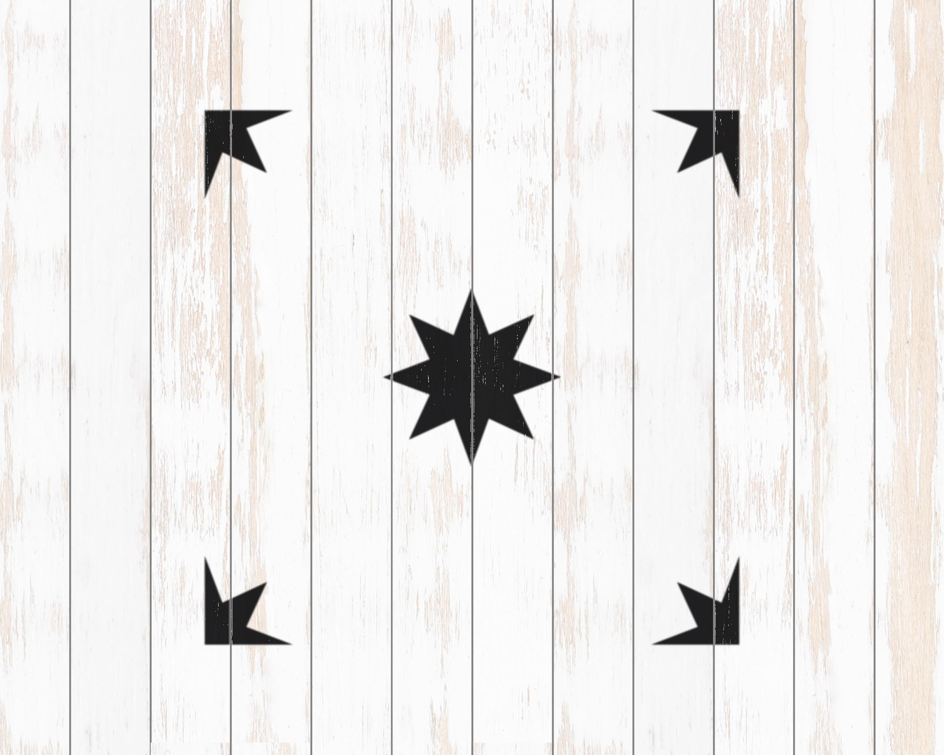 a white wooden background with a central black star design.