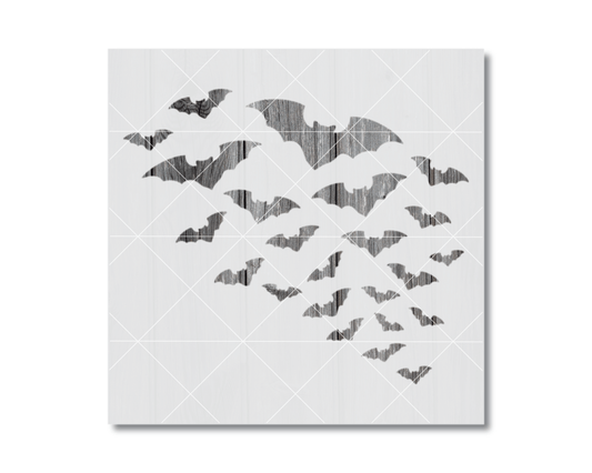 a collection of bats in various sizes and positions, creating a dynamic and visually interesting composition.