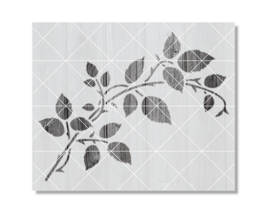 The image is a black and white graphic design featuring a branch with leaves, creating a minimalist and elegant visual effect.