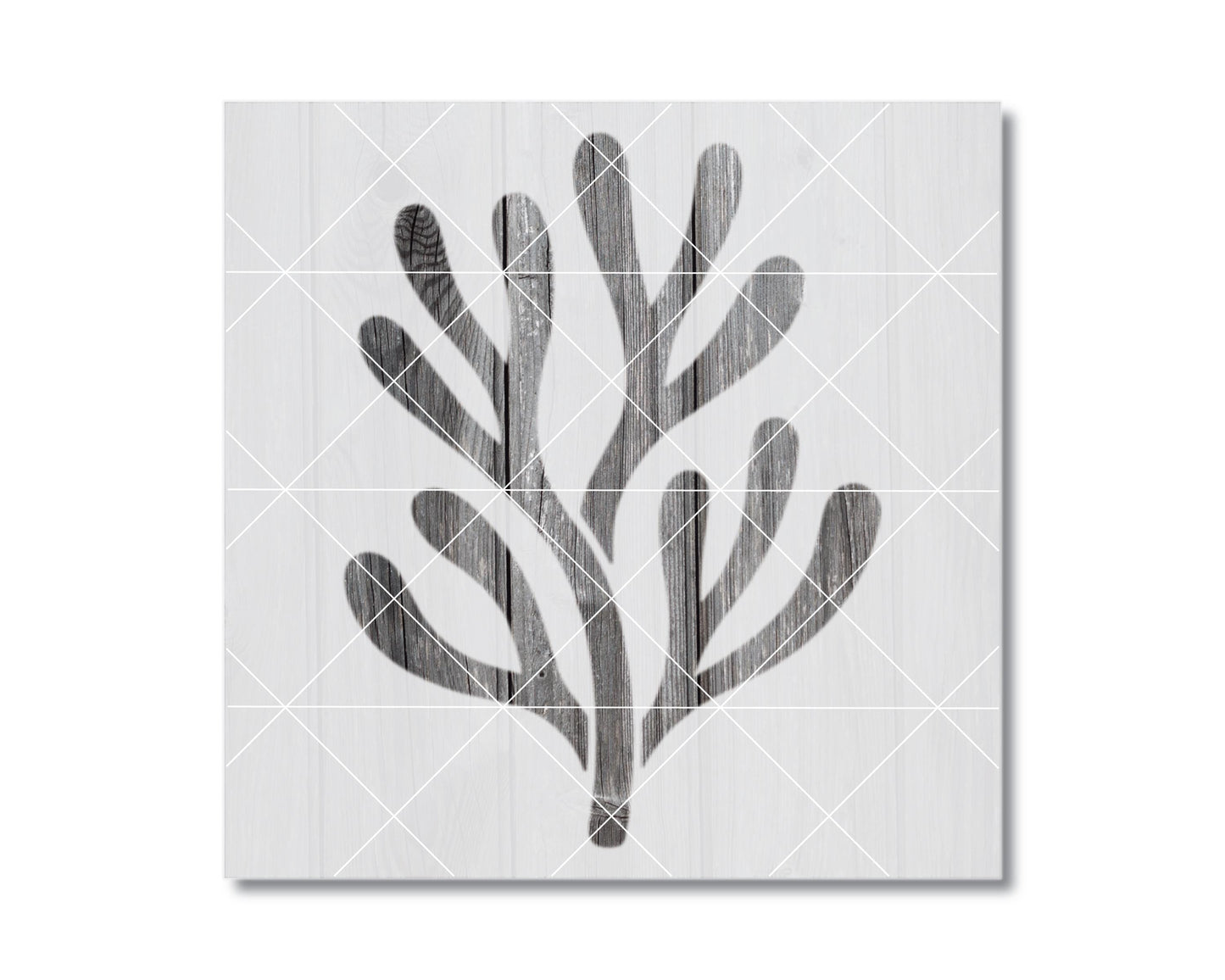 The image is a black and white graphic art piece featuring a stylized plant or tree-like shape with a textured, abstract appearance.