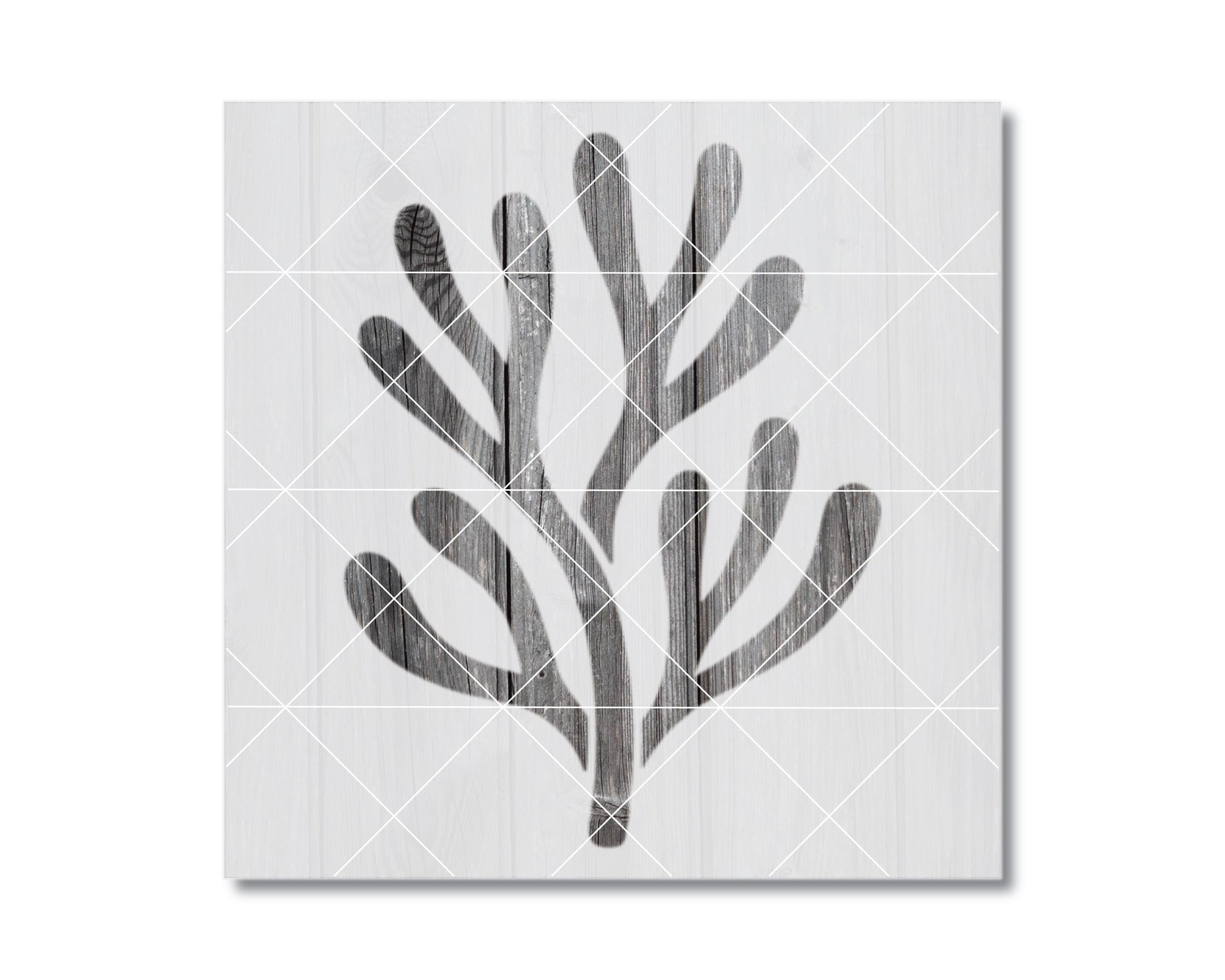 The image is a black and white graphic art piece featuring a stylized plant or tree-like shape with a textured, abstract appearance.