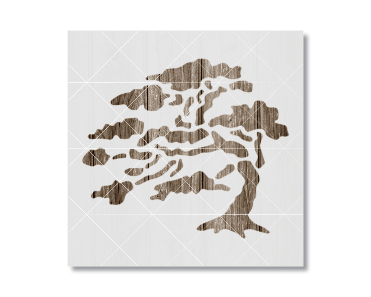 A silhouette of a tree with a textured, wood-like appearance.
