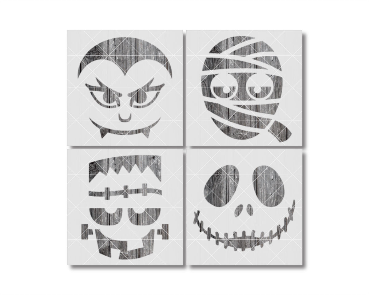 four distinct Halloween-themed stencil designs, including a vampire, a mummy, a jack-o-lantern, and a skeleton.
