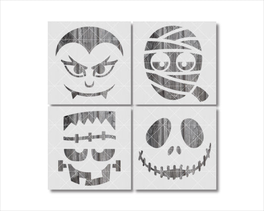 four distinct Halloween-themed stencil designs, including a vampire, a mummy, a jack-o-lantern, and a skeleton.