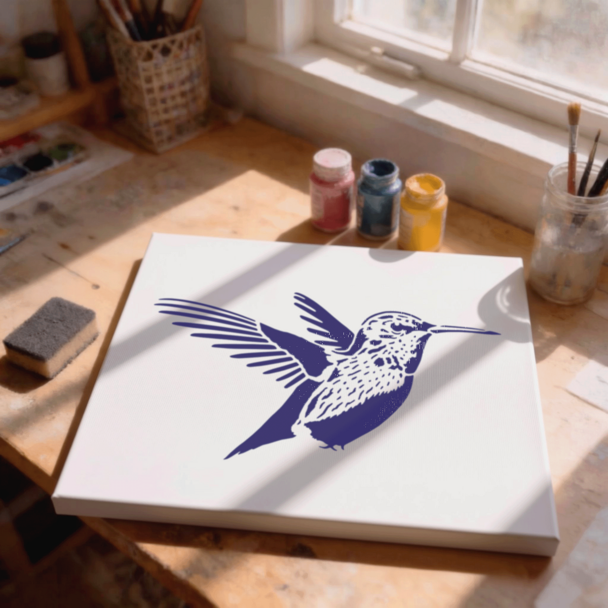 a white canvas with a blue bird illustration, along with various art supplies and materials such as paint bottles and brushes on a wooden table.