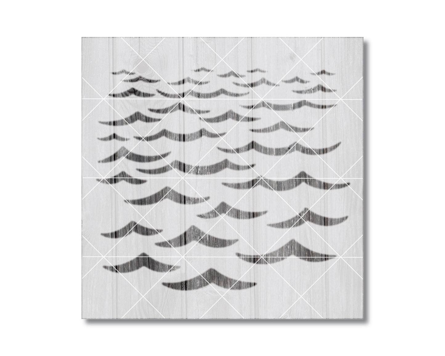 The image is a black and white abstract artwork featuring a repeating pattern of wavy lines and shapes, creating a sense of movement and rhythm.
