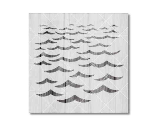 The image is a black and white abstract artwork featuring a repeating pattern of wavy lines and shapes, creating a sense of movement and rhythm.