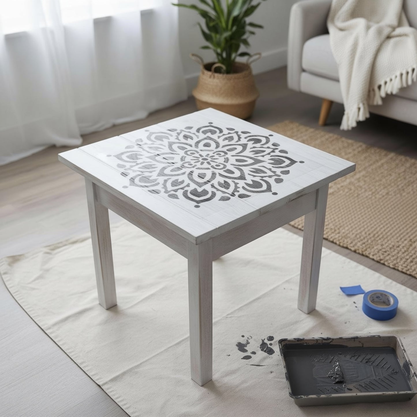 a white wooden table with a stencil design on it, placed on a white cloth on a wooden floor. There is a blue painter's tape and a tray of paint on the floor next to the table. In the background, there is a couch and a potted plant.