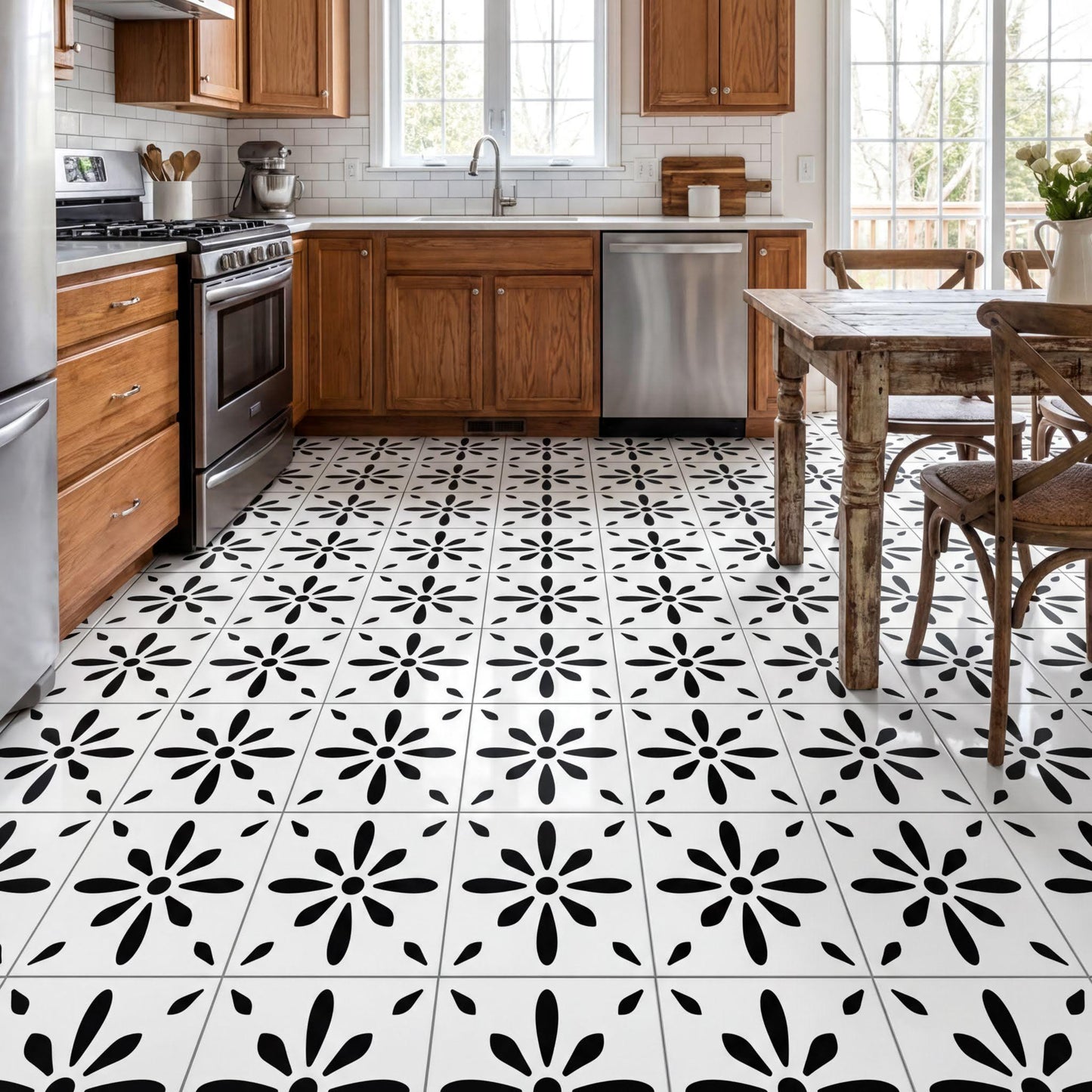 a modern kitchen with a black and white tile floor featuring a floral pattern. The kitchen is equipped with stainless steel appliances, including a refrigerator, oven, and dishwasher, as well as wooden cabinets and a dining table with chairs.