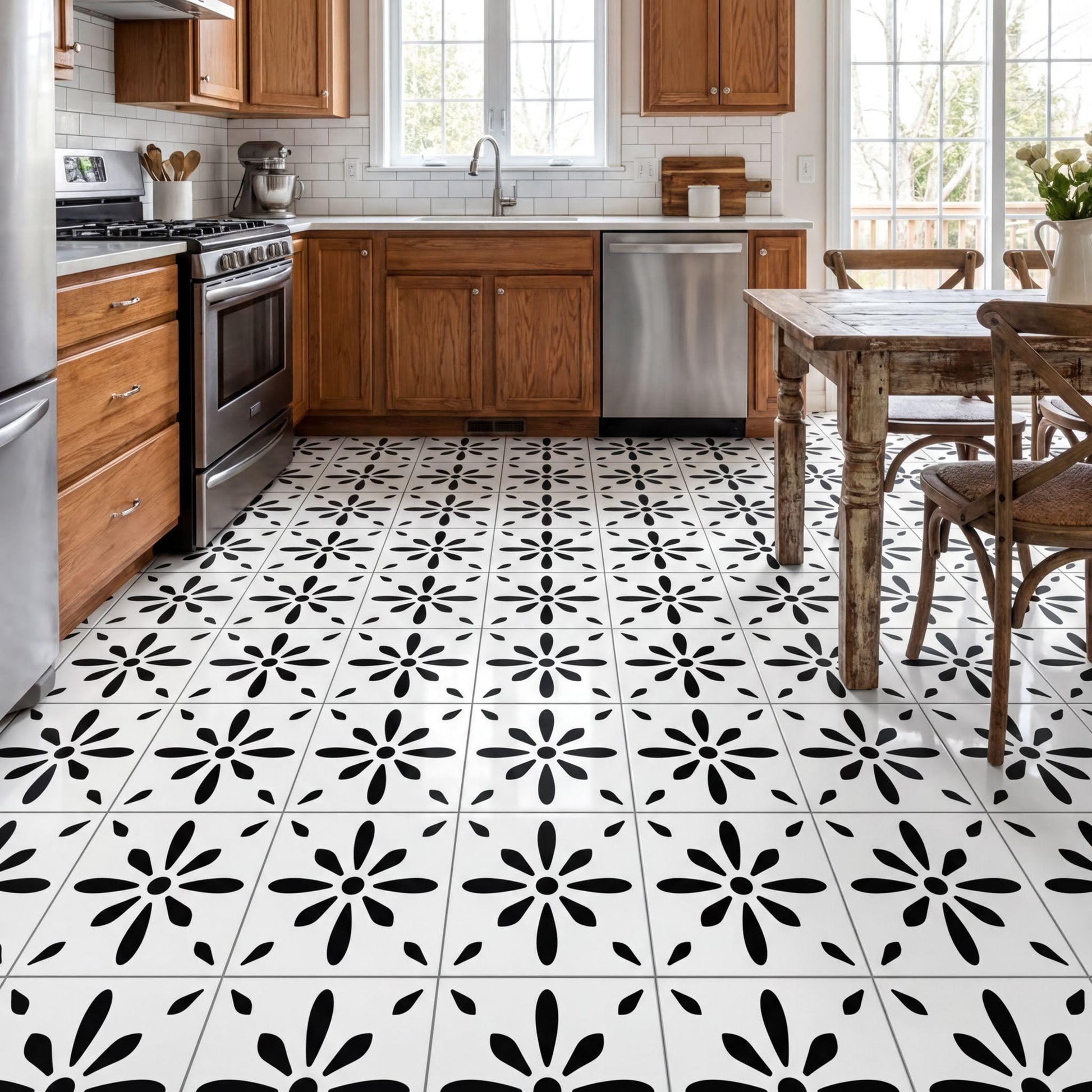 a modern kitchen with a black and white tile floor featuring a floral pattern. The kitchen is equipped with stainless steel appliances, including a refrigerator, oven, and dishwasher, as well as wooden cabinets and a dining table with chairs.
