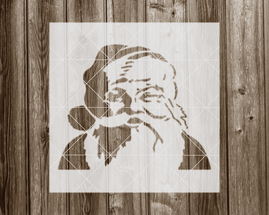 a picture of a man with a beard on a wooden wall