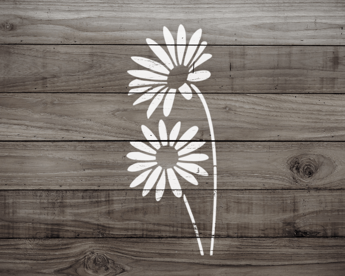 a wooden background with two white flowers painted on it.