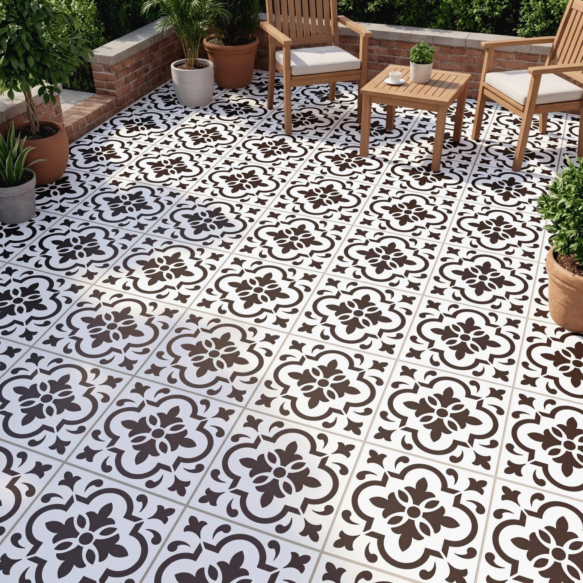 a patio area with a black and white tile floor, a wooden table and chairs, and several potted plants surrounding the space.