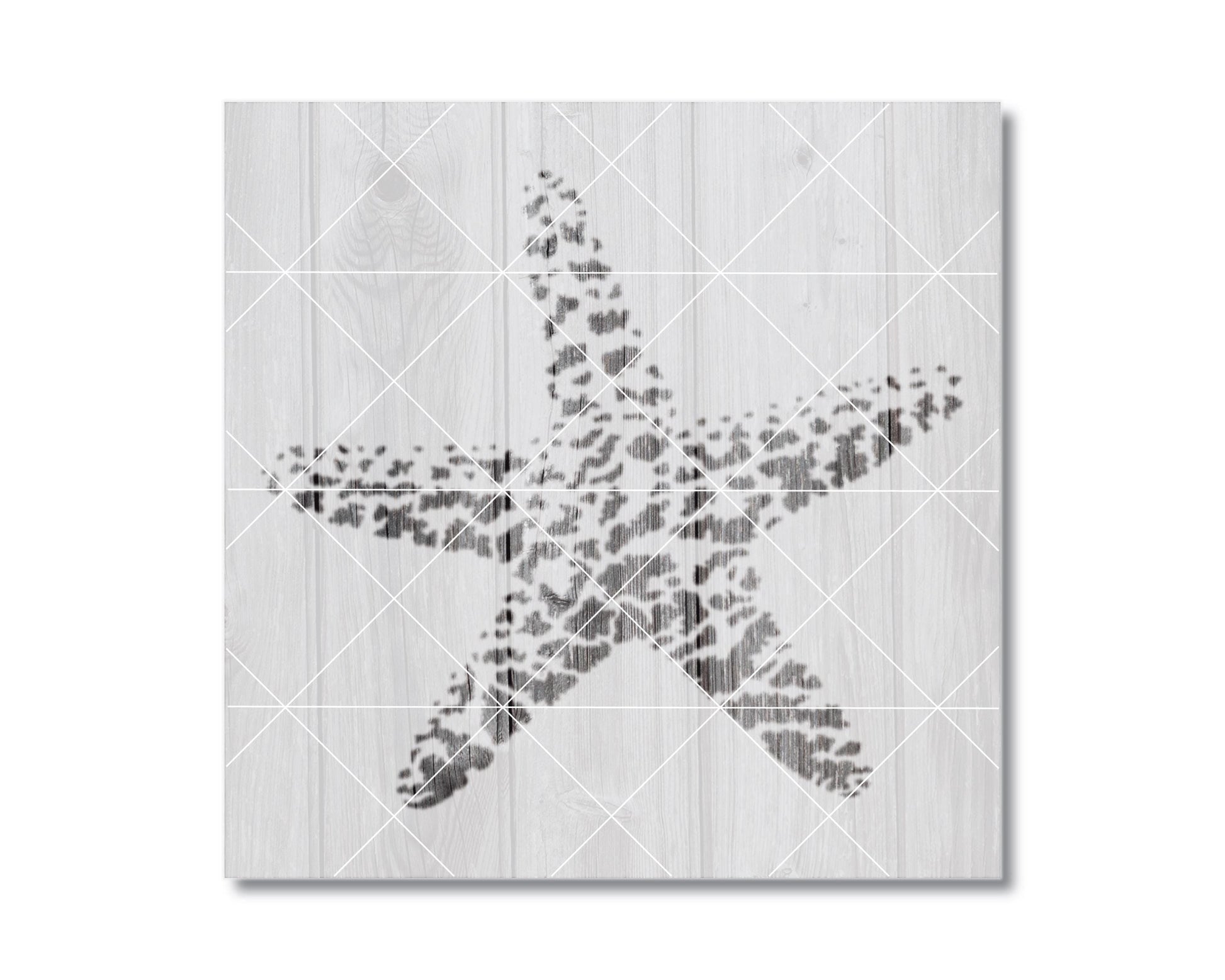 A black and white image of a starfish with a textured appearance, set against a white background with a grid pattern.