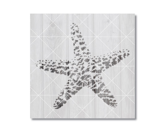 A black and white image of a starfish with a textured appearance, set against a white background with a grid pattern.