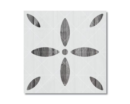 a square with a repeating pattern of five black and white flower-like shapes arranged in a symmetrical design.