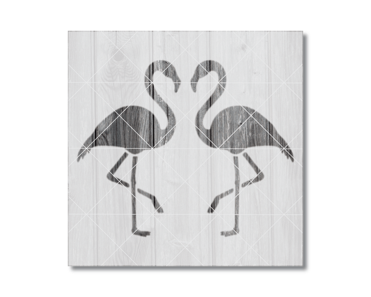 two stylized flamingos standing side by side on a wooden background.