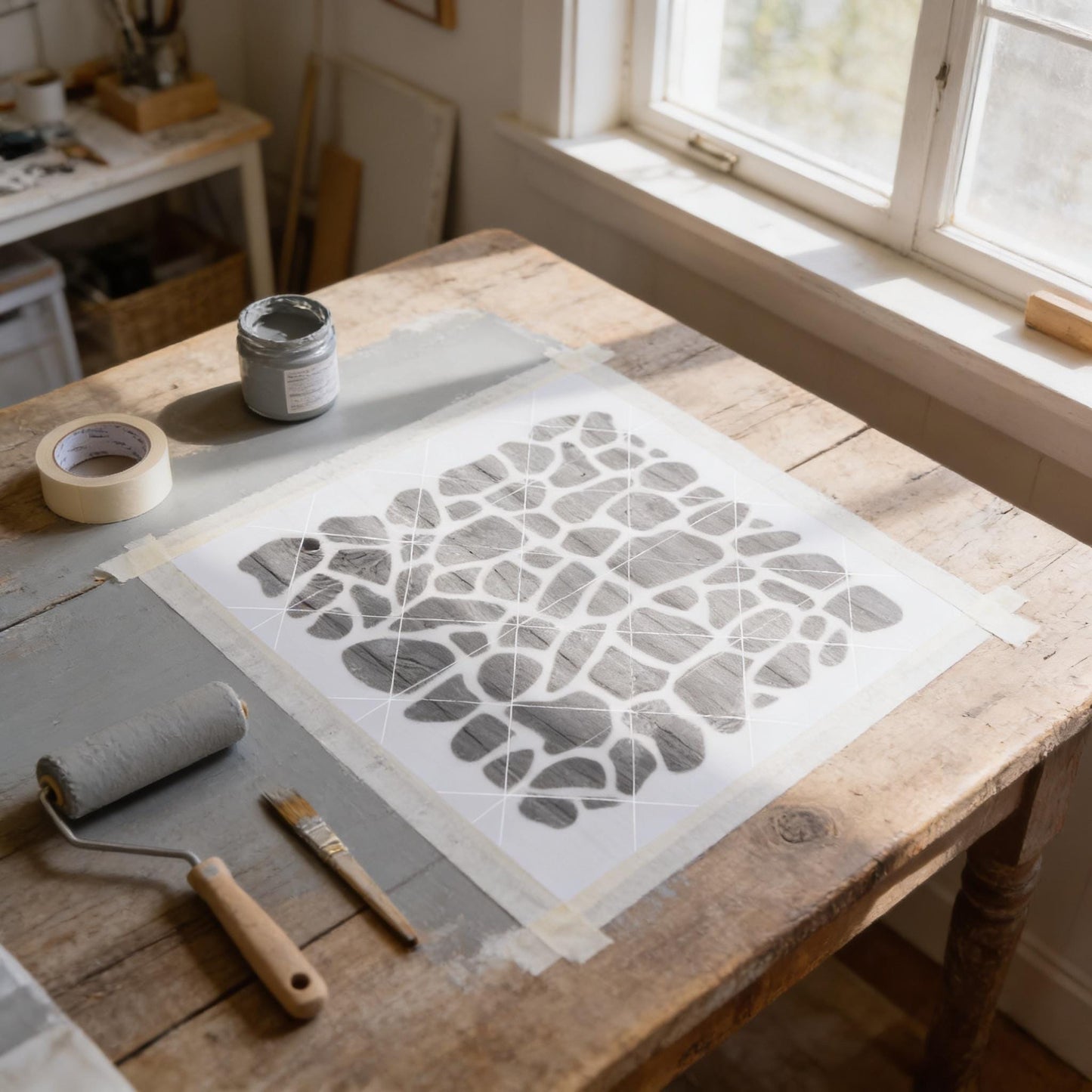 a workspace with various art supplies and tools, including a paint roller, paintbrush, and a patterned paper on a wooden table.