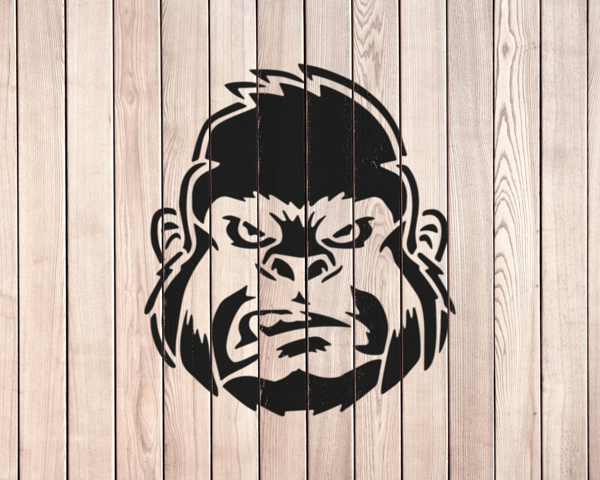 A stylized black and white graphic of a gorilla's head is displayed against a wooden background.