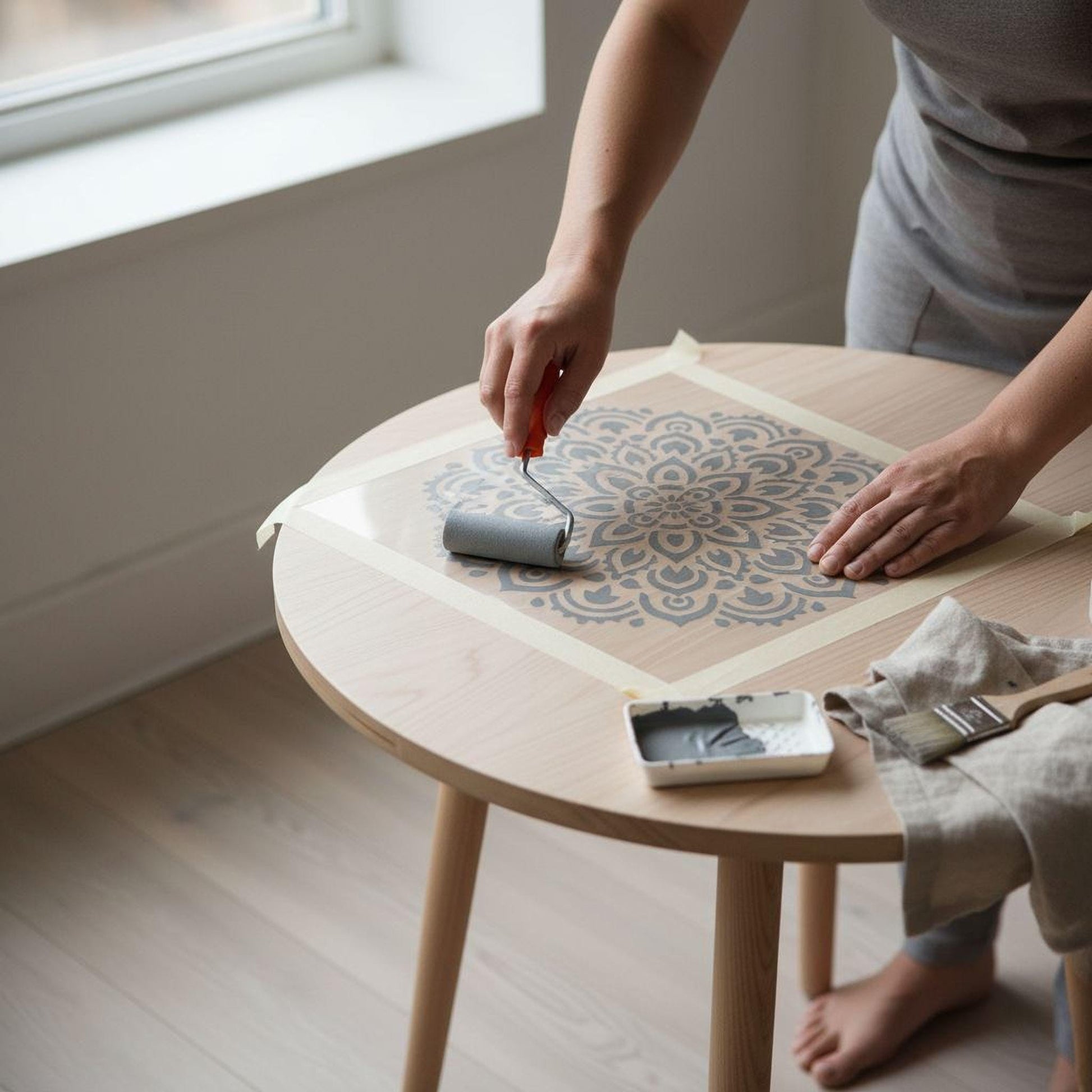 A person is using a roller brush to paint a wooden table with a decorative pattern.