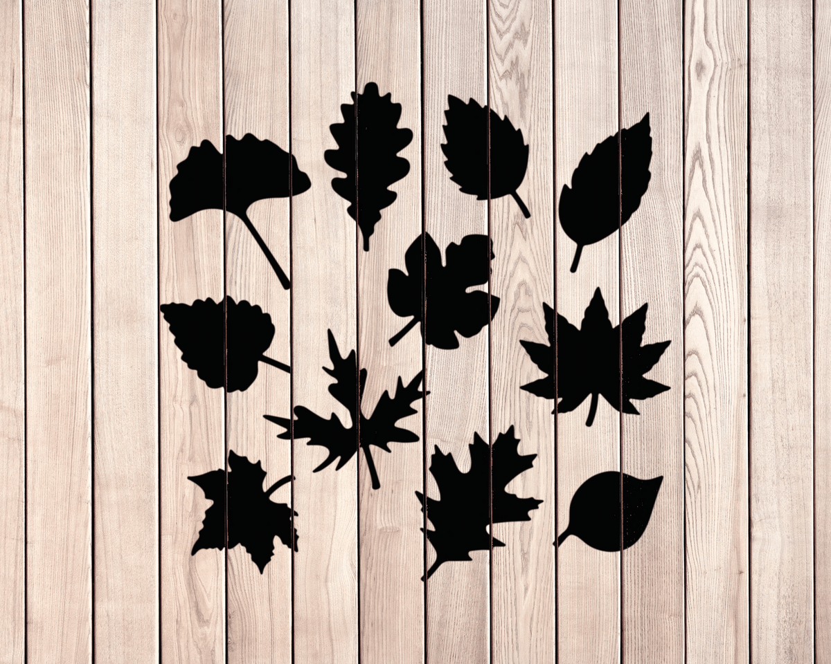 a collection of black leaf silhouettes arranged on a wooden background.