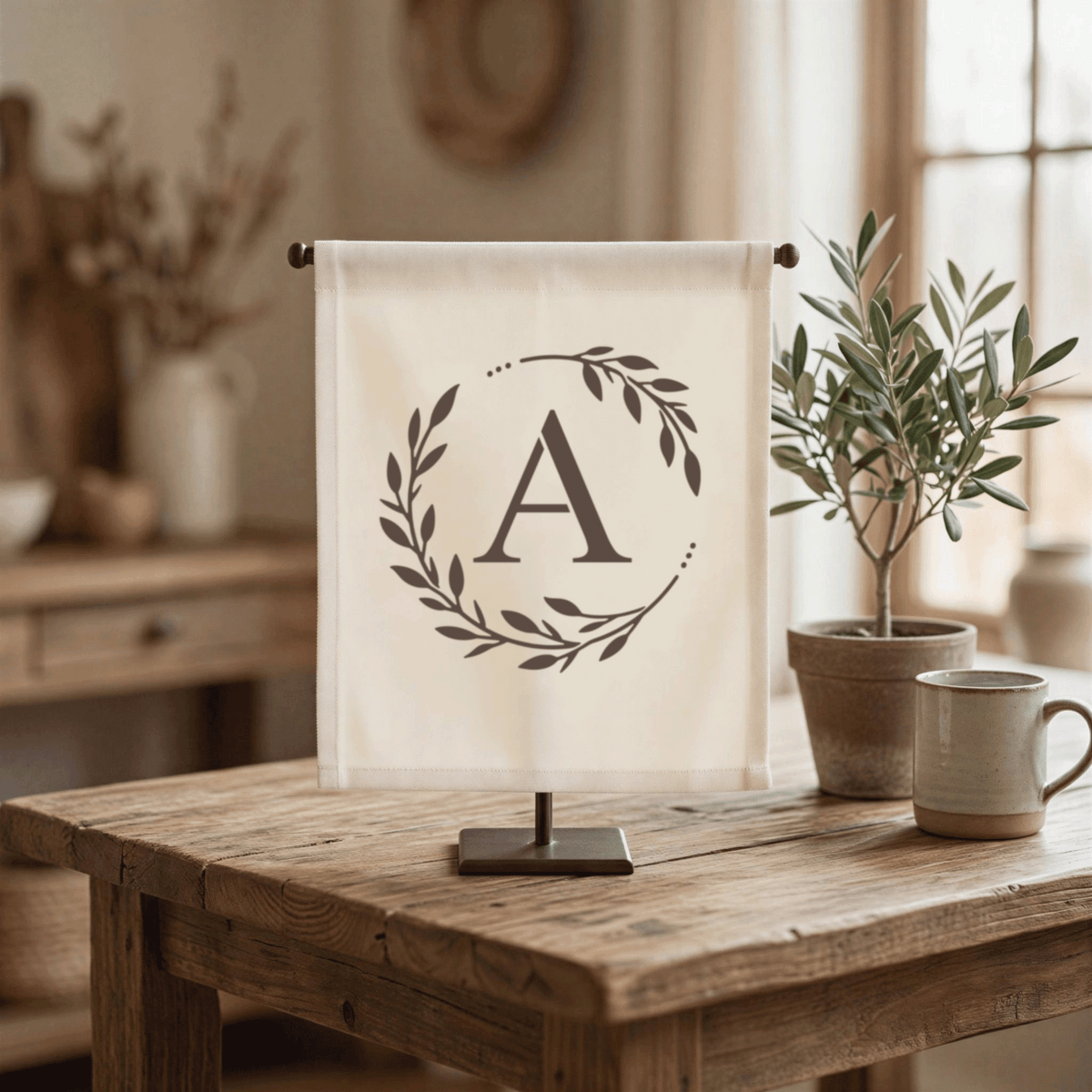 a wooden table with a white banner displaying a monogrammed letter "A" and a wreath design, accompanied by two potted plants and a coffee mug.