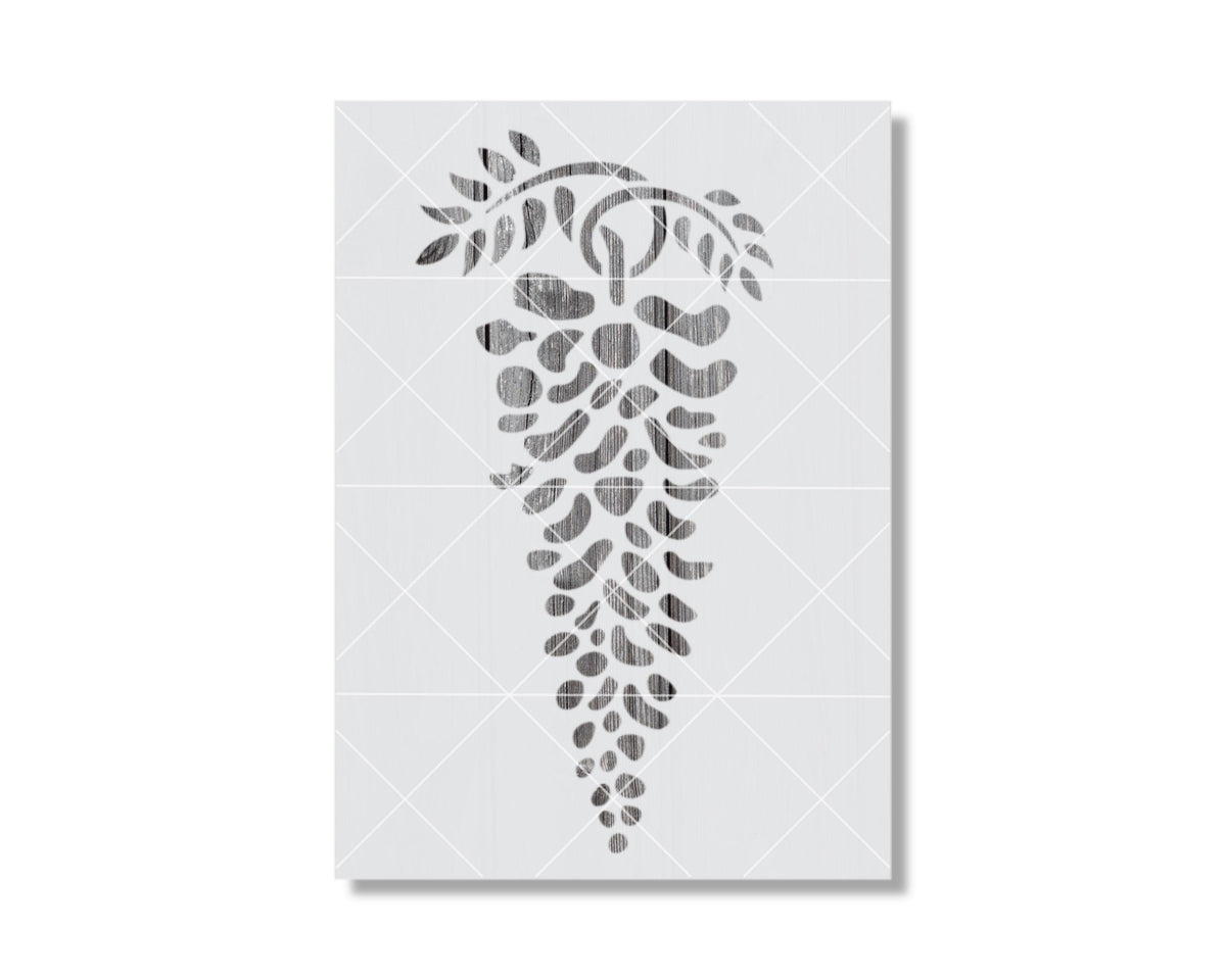 A stencil design featuring a stylized grape cluster or bunch of grapes, with a leaf-like element above it.