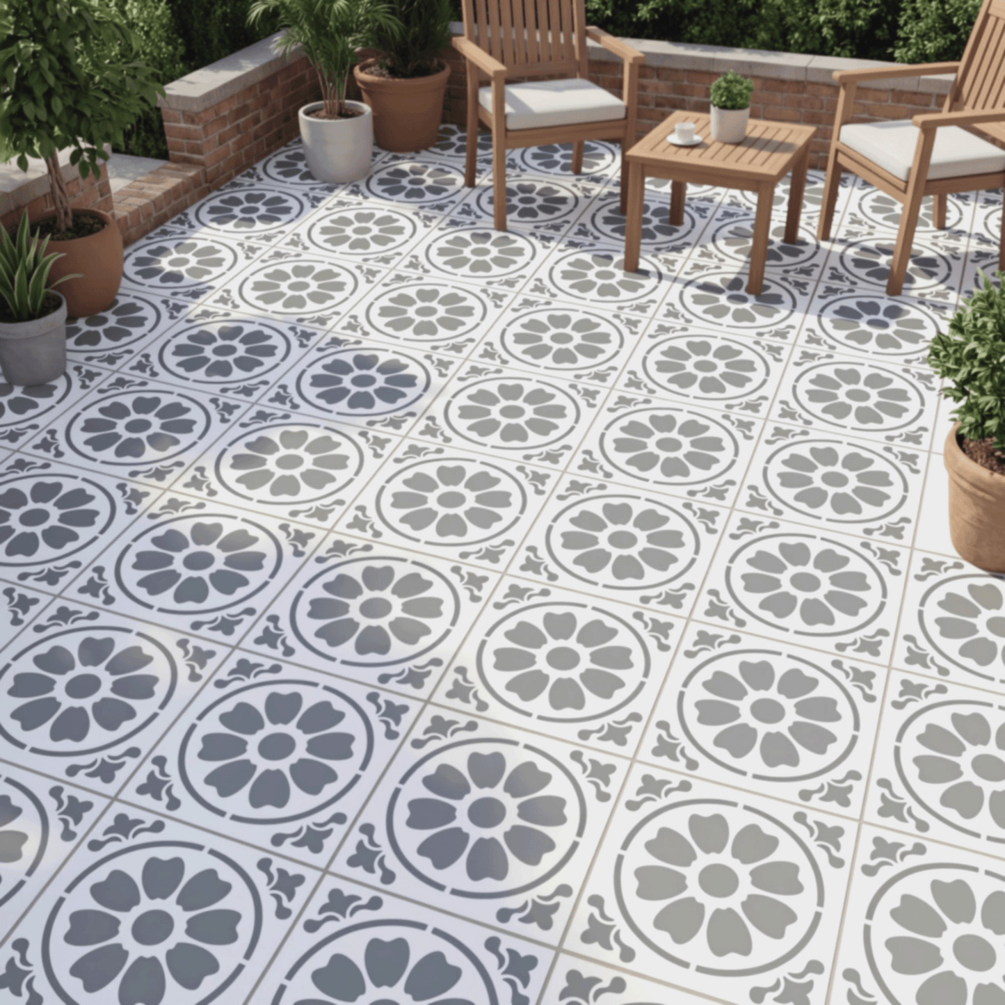 a patio area with a tiled floor and wooden furniture, including chairs and a table. The floor is decorated with a pattern of gray and white flowers, creating a visually appealing and inviting atmosphere.