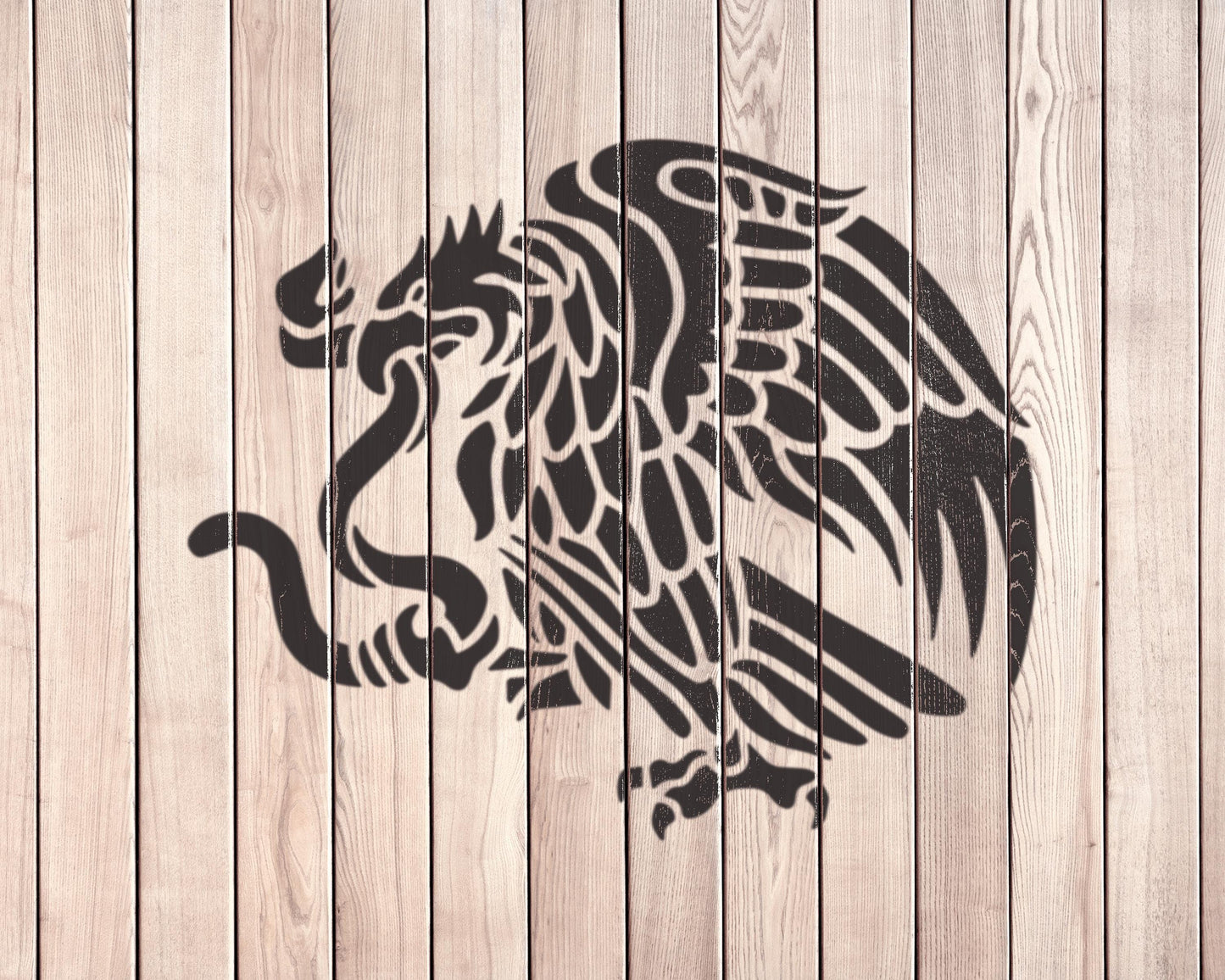 a wooden background with a black silhouette of a bird, possibly an eagle, depicted in a stylized manner.