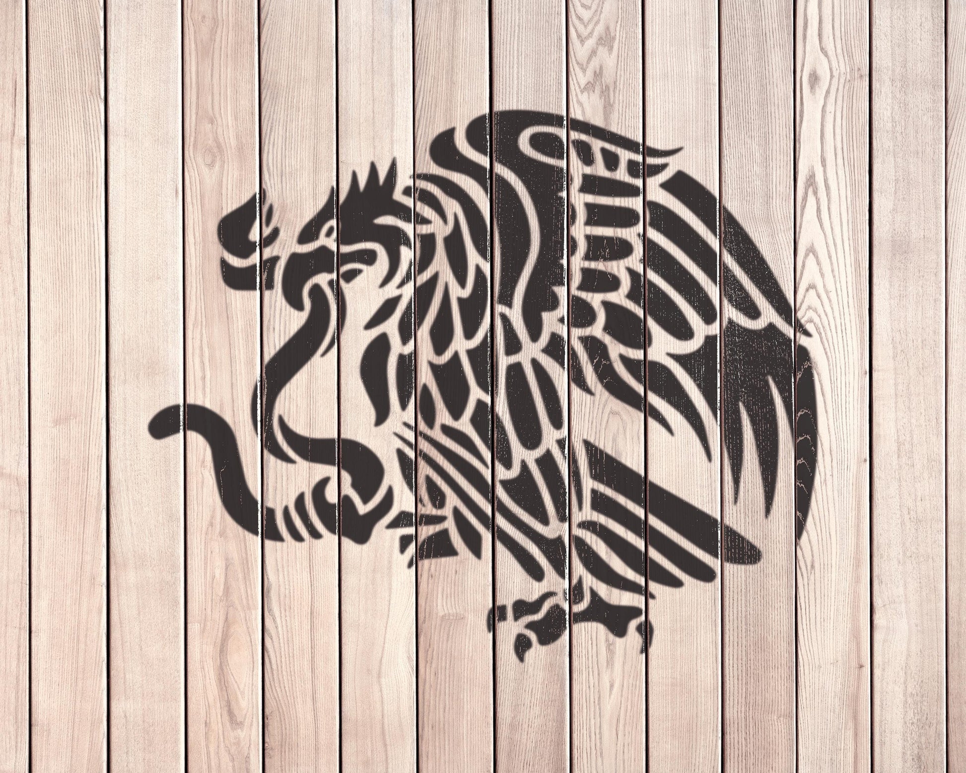 a wooden background with a black silhouette of a bird, possibly an eagle, depicted in a stylized manner.