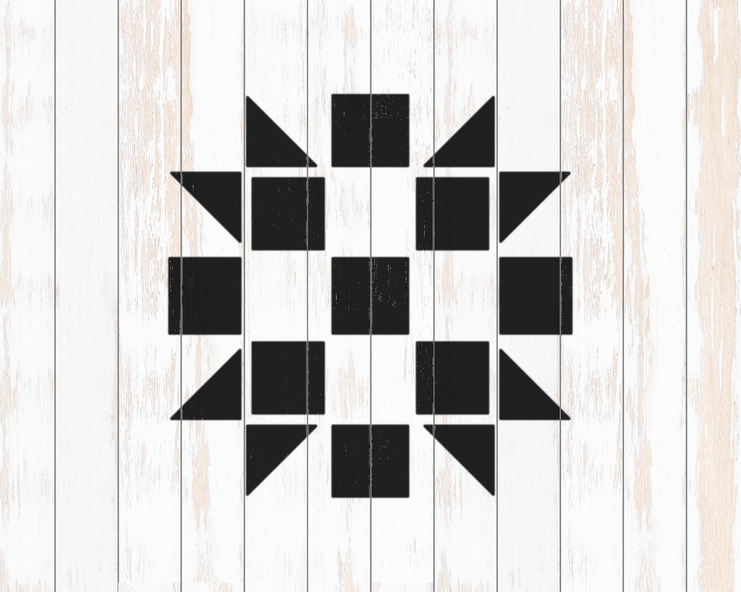a black and white geometric design composed of various shapes, including triangles and rectangles, arranged in a visually striking pattern.