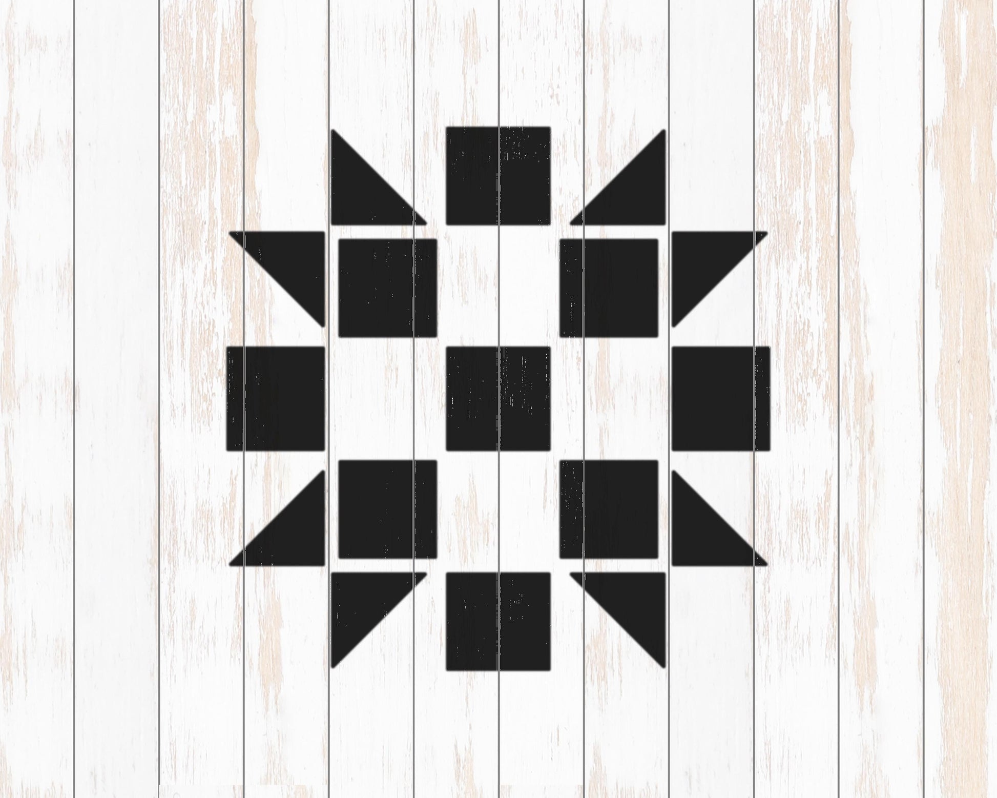 a black and white geometric design composed of various shapes, including triangles and rectangles, arranged in a visually striking pattern.