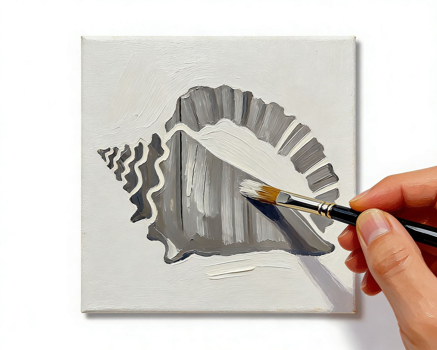 A hand is painting a shell on a canvas using a brush.