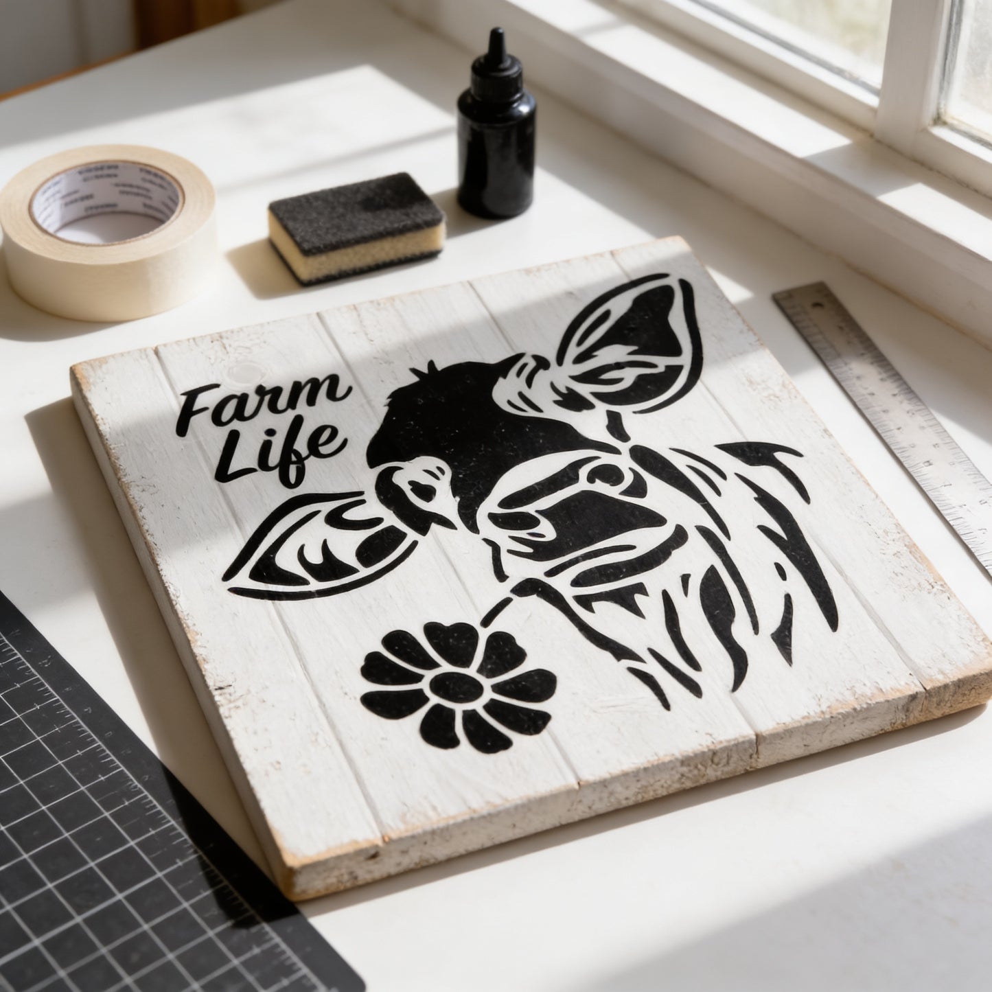 a wooden sign with a black cow illustration and the text "Farm Life" written on it, along with a black bottle and a ruler on a white surface.