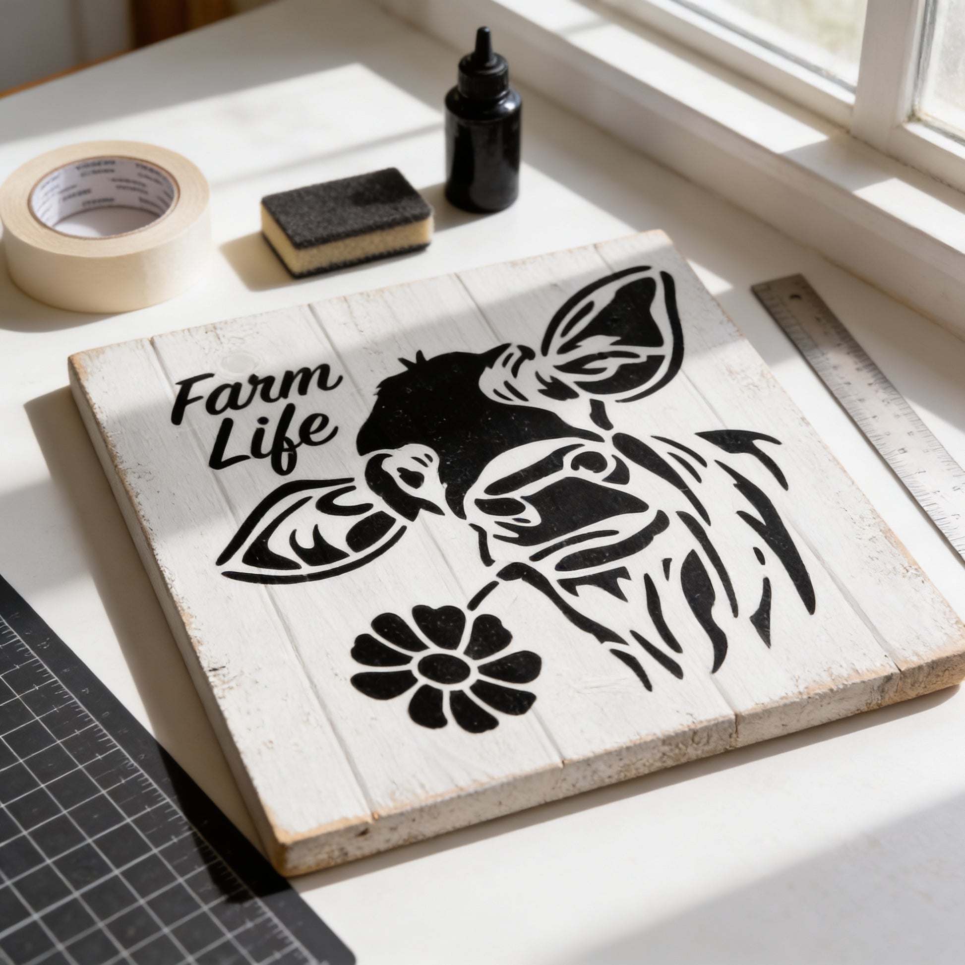 a wooden sign with a black cow illustration and the text "Farm Life" written on it, along with a black bottle and a ruler on a white surface.