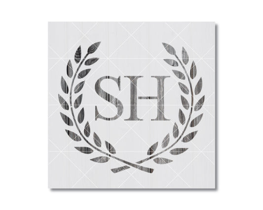 a monochromatic logo with a laurel wreath and the letters "SH" inside it.