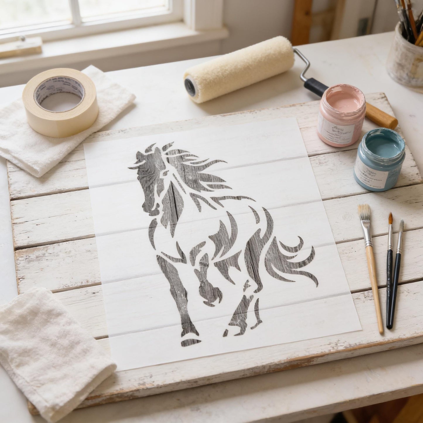 a wooden board with a stencil of a horse, along with various art supplies such as paint, brushes, and tape.
