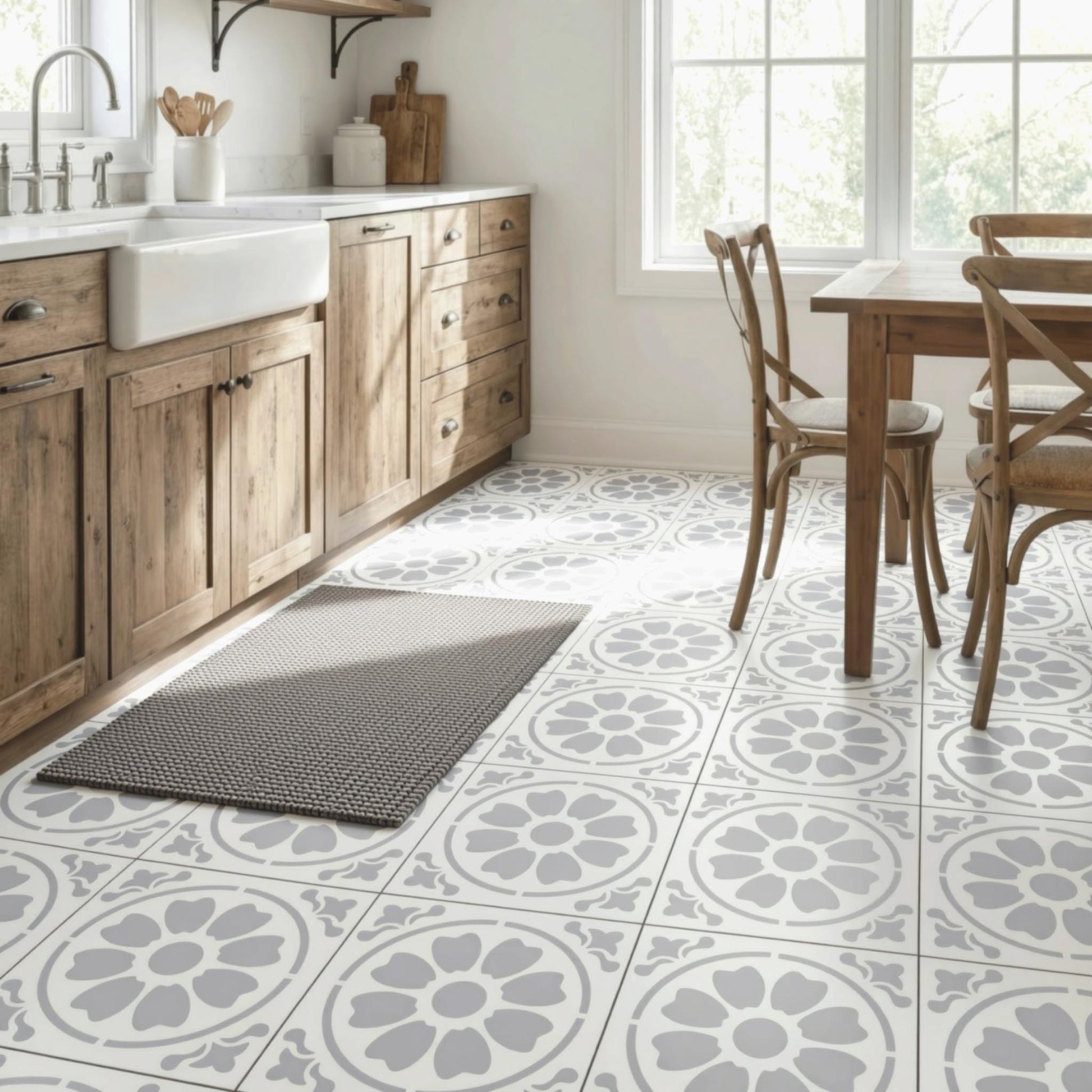a modern kitchen with a white color scheme, featuring wooden cabinets, a white sink, and a wooden dining table with chairs. The floor is covered in a gray and white patterned tile design.