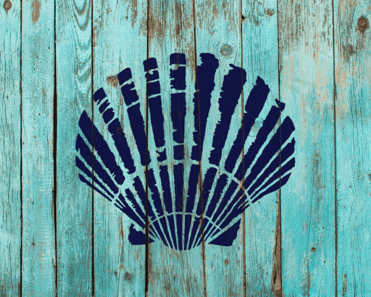 a blue and white seashell design on a weathered wooden background.