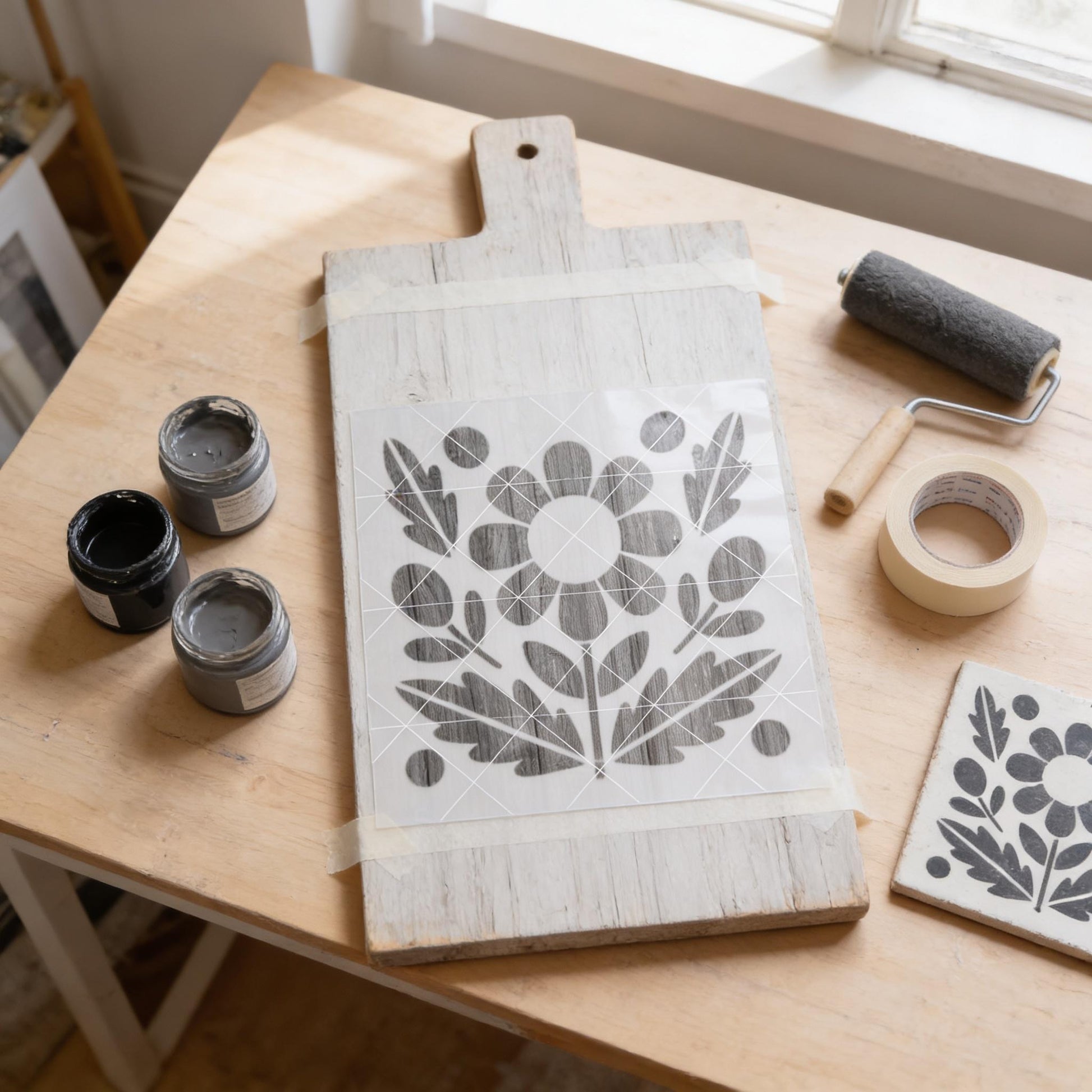 a wooden cutting board with a stencil design, a roller brush, and some paint jars on a table.