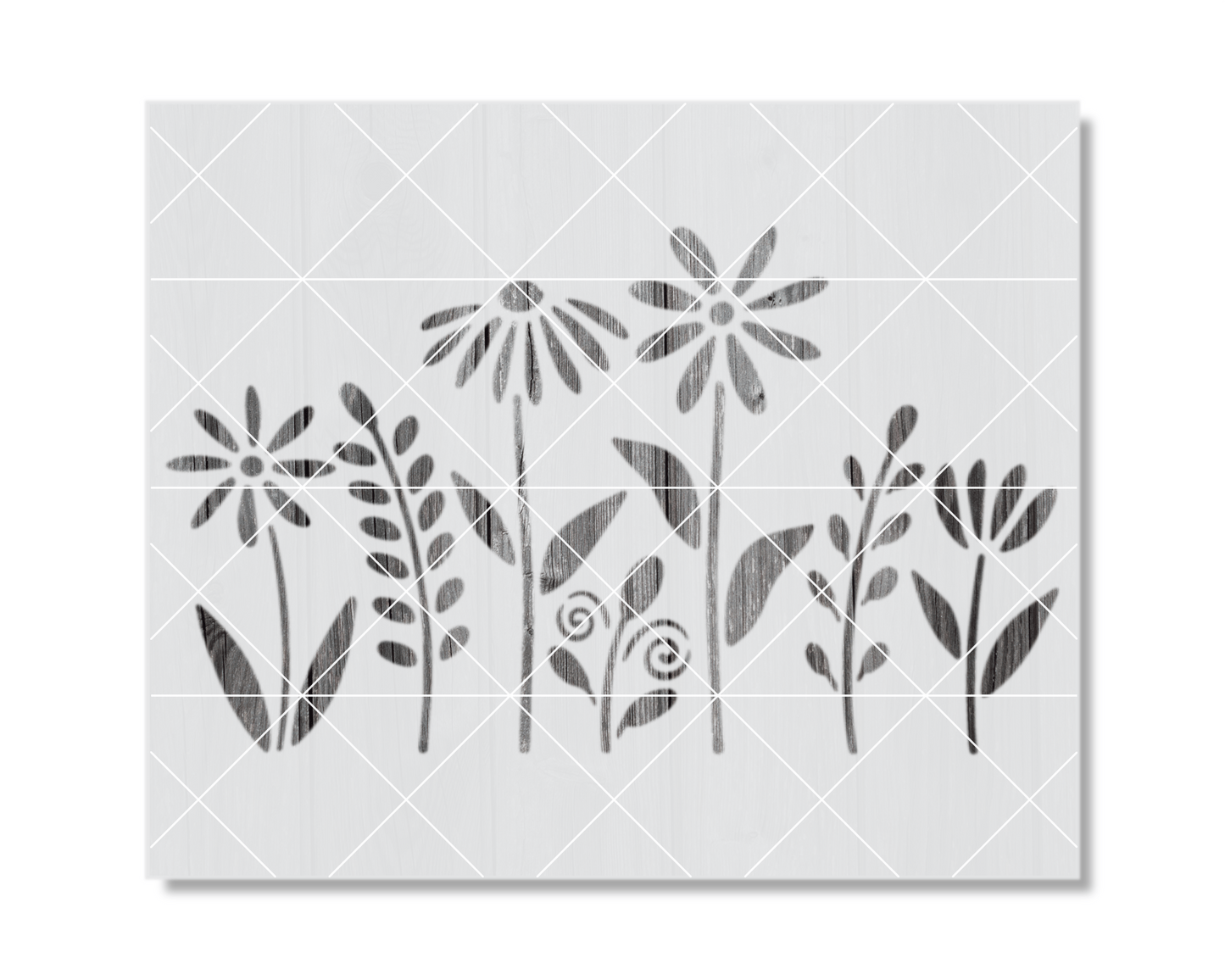 A black and white image featuring stylized floral and leaf designs.