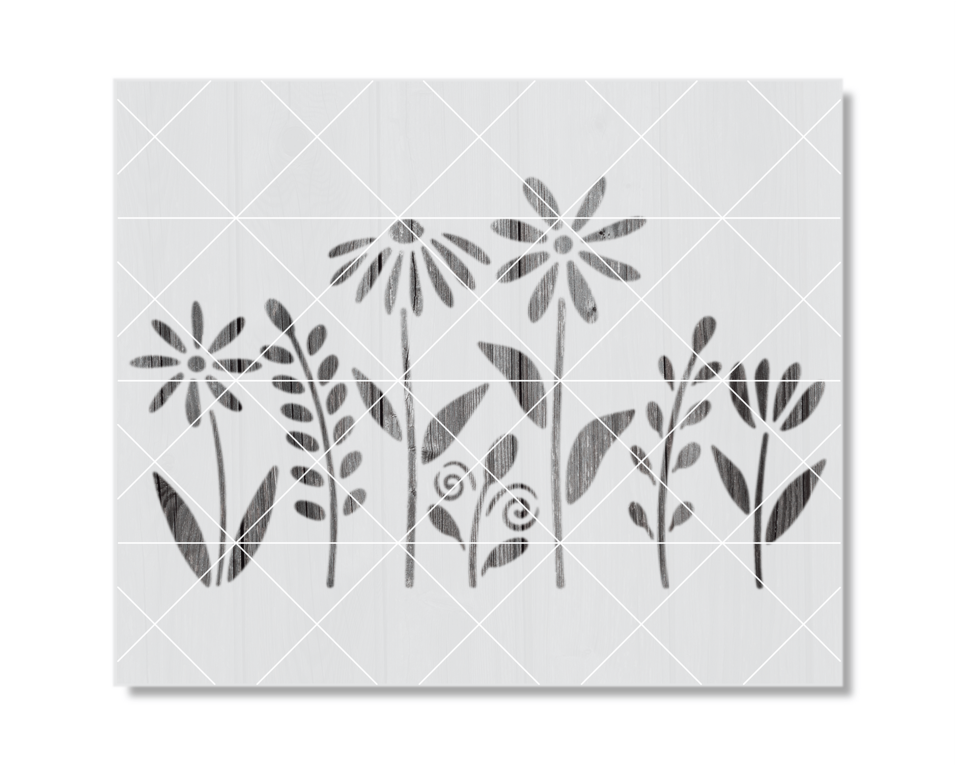 A black and white image featuring stylized floral and leaf designs.