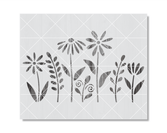 A black and white image featuring stylized floral and leaf designs.