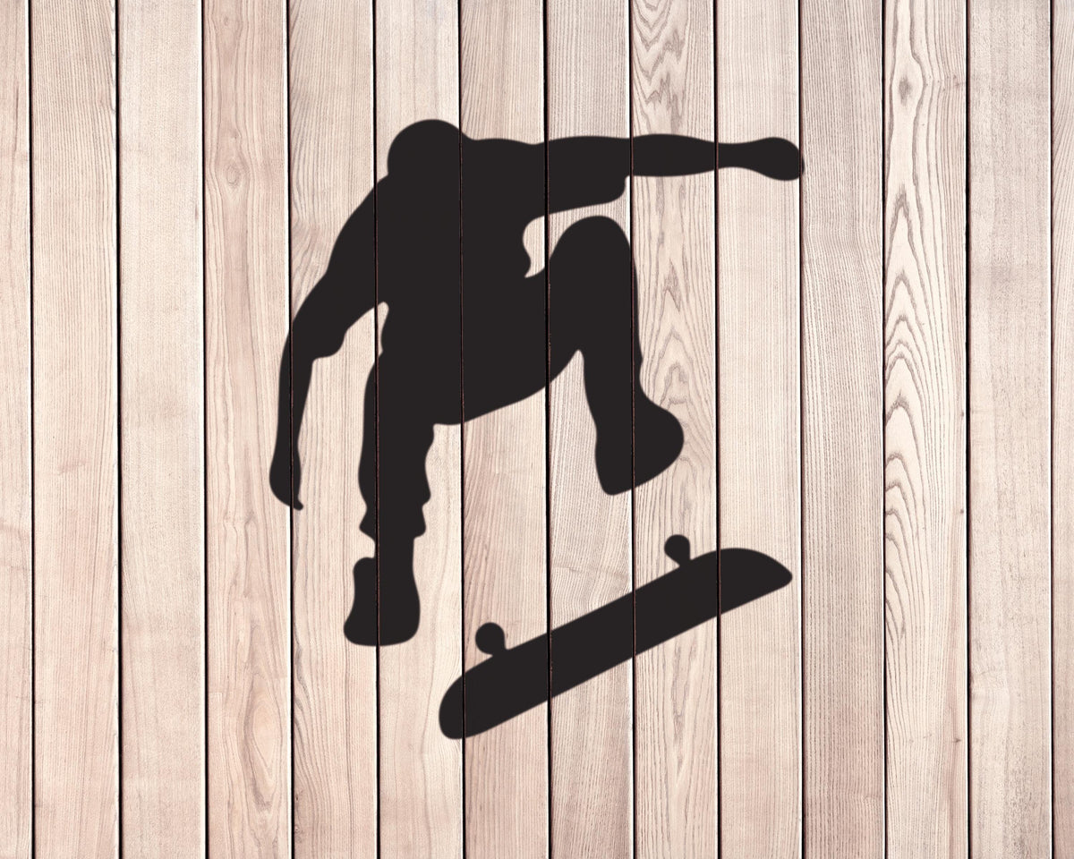 A silhouette of a person riding a skateboard against a wooden background.