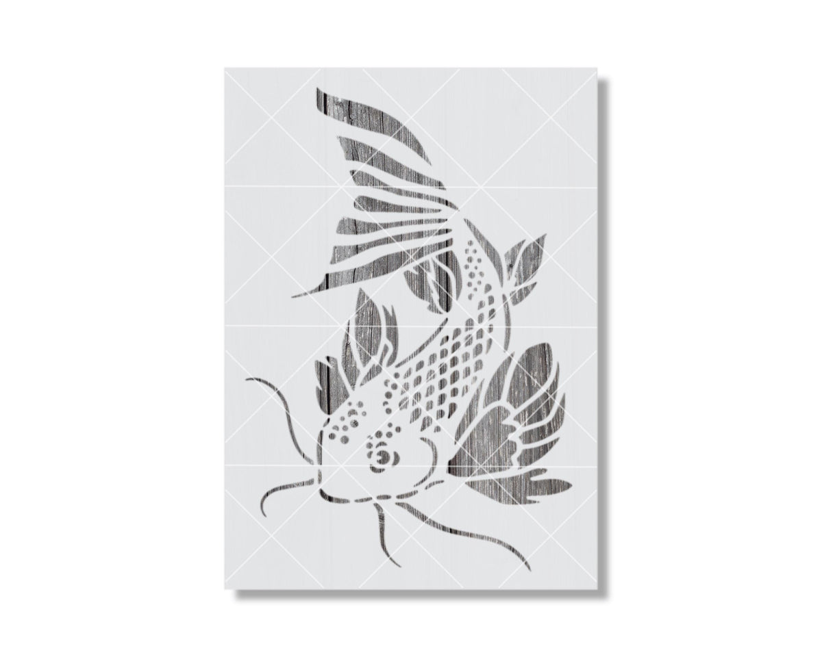 A black and white stencil depicting a stylized fish or aquatic creature.