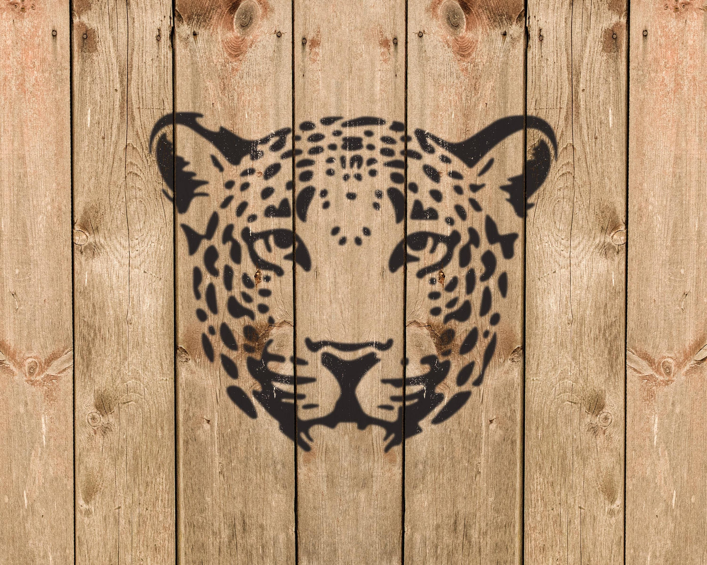 A stylized image of a leopard's face is displayed on a wooden background.
