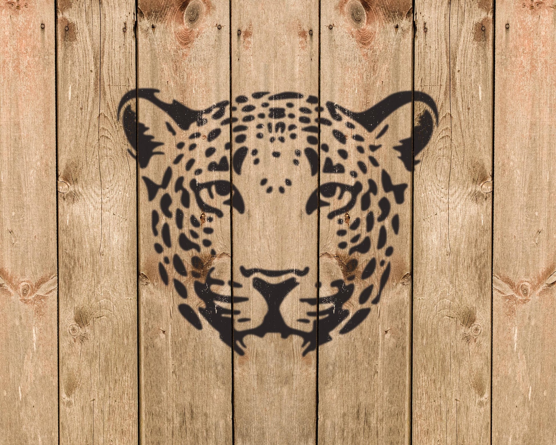 A stylized image of a leopard's face is displayed on a wooden background.