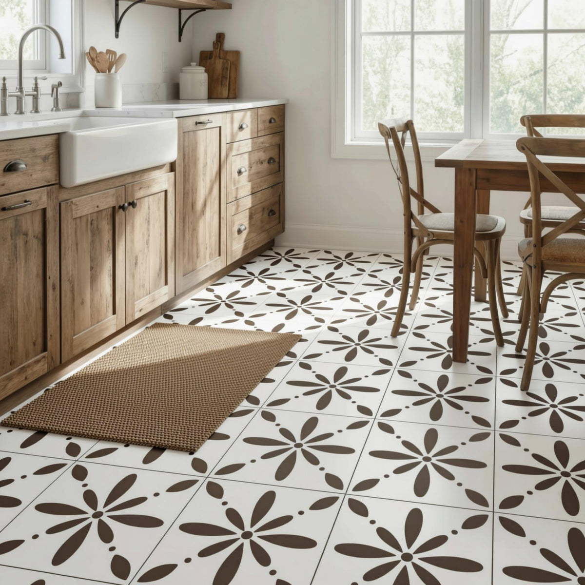 a modern kitchen with a white and black floral tile floor, wooden cabinets, and a sink. The kitchen is well-lit, with a large window providing natural light.