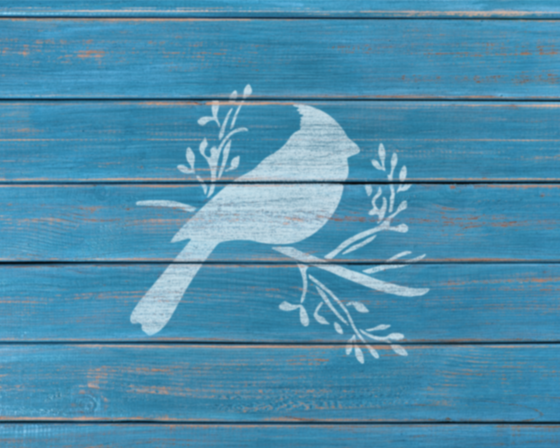 A white silhouette of a bird perched on a branch against a blue wooden background.