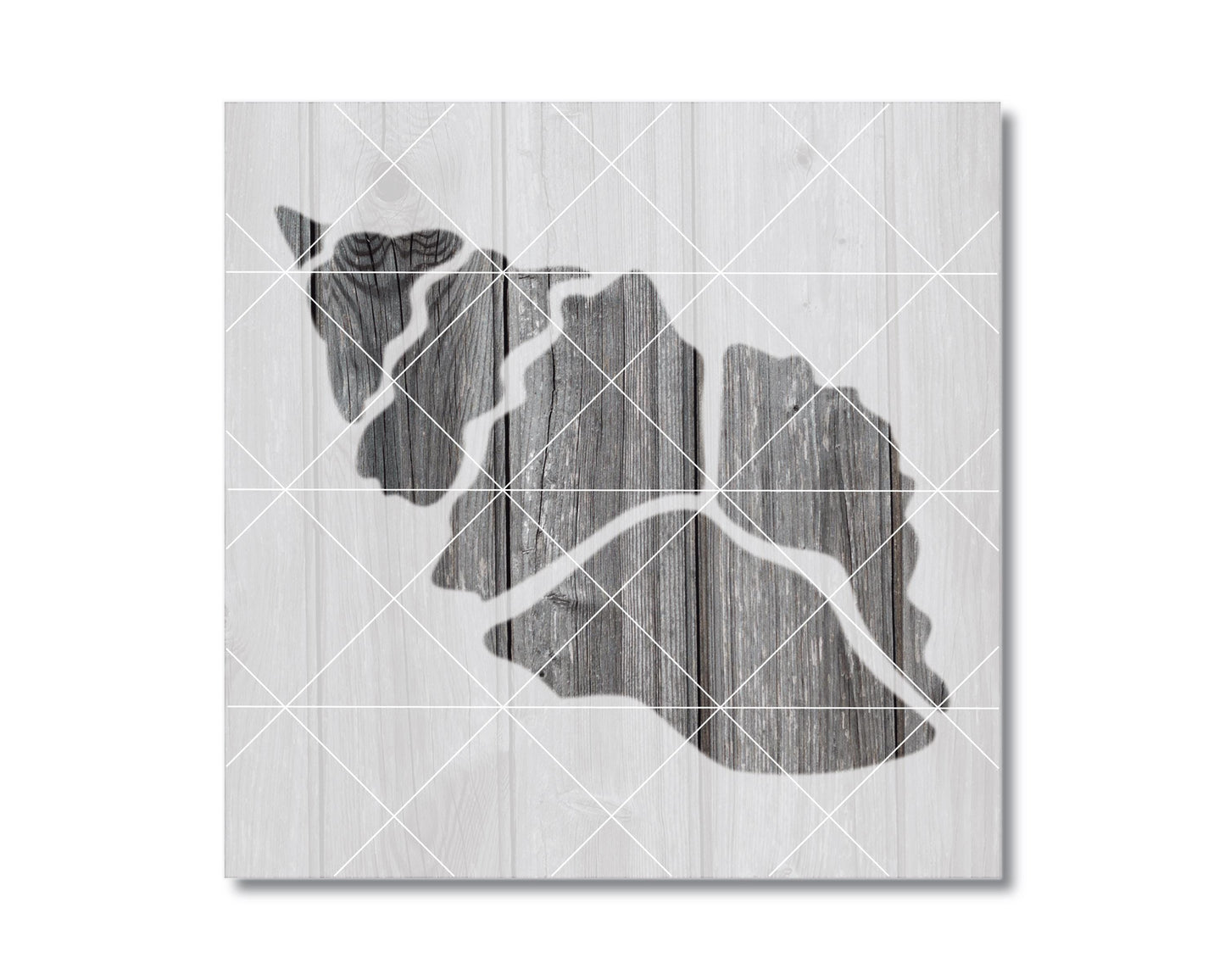 The image is a black and white photograph of a wooden texture, with a grid overlay.